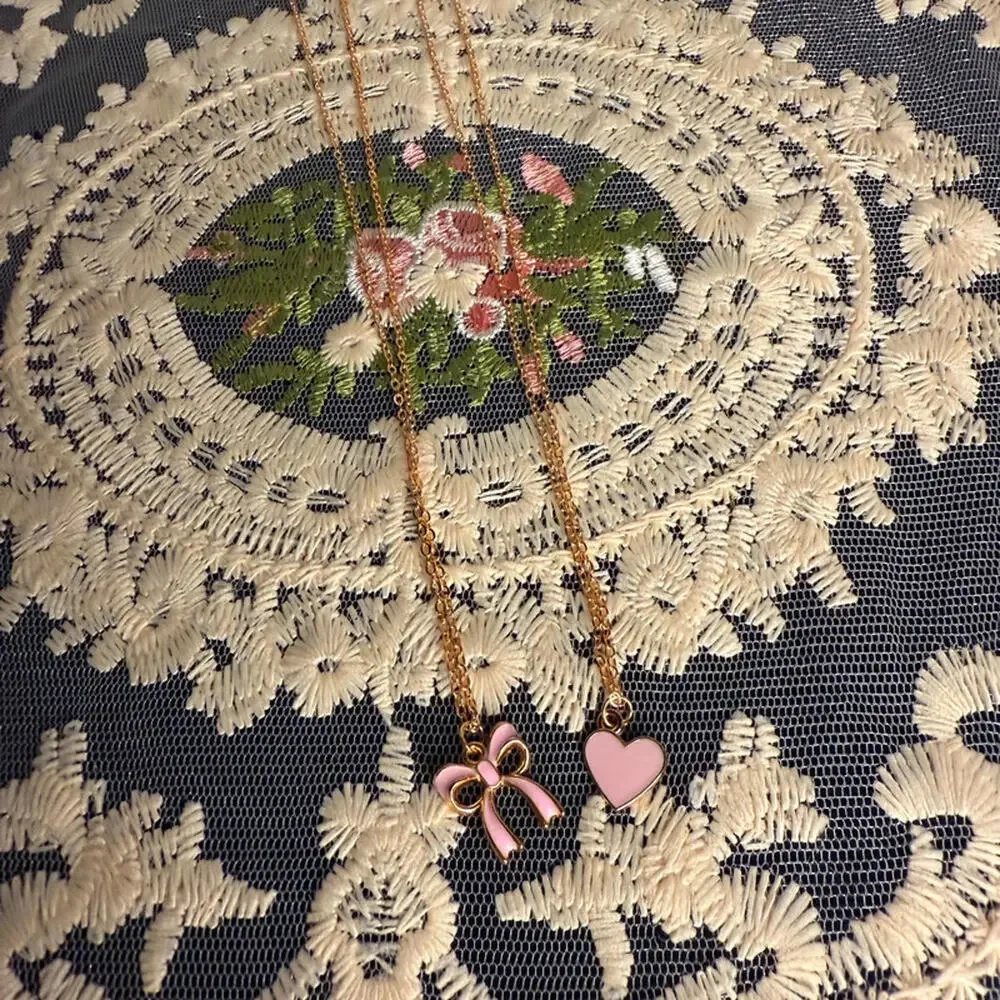 Gold Tone Pink Enamel Bow Heart Charm Layering Necklace Set NWT